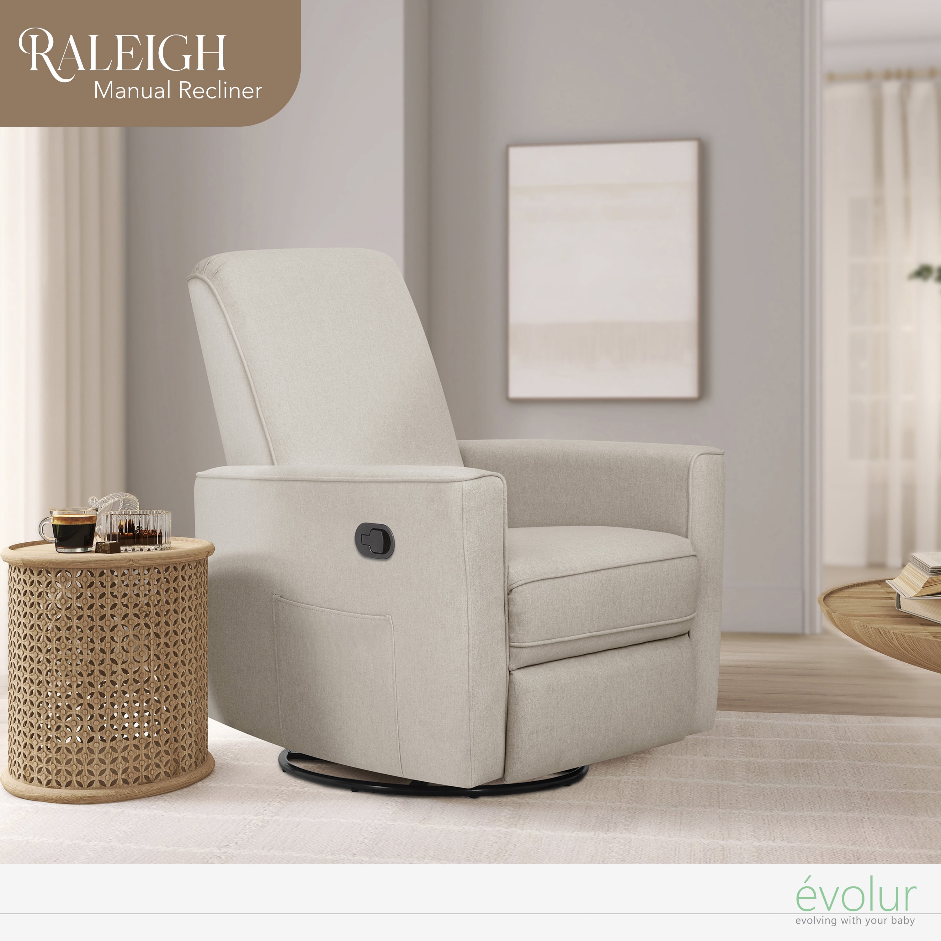 Evolur Raleigh Nursery Glider Recliner and Rocking Chair in Light Sand, 360° Swivel Motion, Multiple Recline Positions, Easy to Clean, FSC and Greenguard Gold Certified