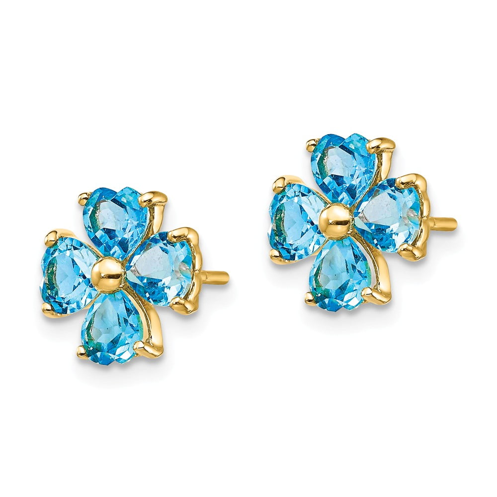 Real 14kt Yellow Gold Heart-shaped Swiss Blue Topaz Flower Post Earrings; for Adults and Teens; for Women and Men