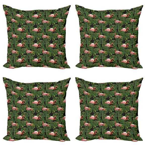 Ambesonne Flamingo Throw Pillow Cover 4 Pack, Exotic Bird and Monstera, 20", Charcoal Grey Dark Salmon