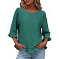 thumbnail image 2 of Hxlamzoo Womens 3/4 Length Sleeve Blouse Dressy Round Neck Shirts with Rulled Cuffs & Hem 2026 Summer Fashion, 2 of 5