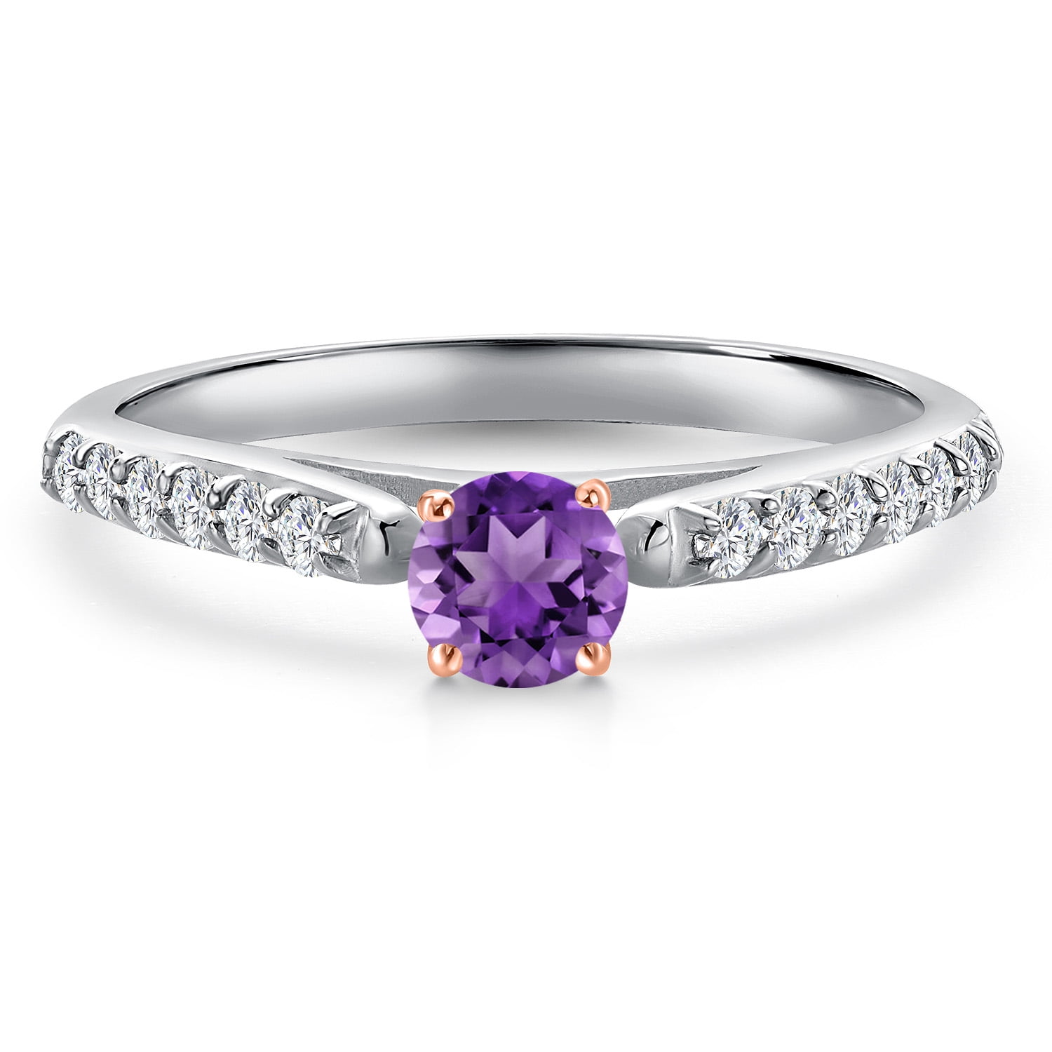 Gem Stone King 10K Two Tone Gold Purple Amethyst and Lab Grown Diamond Engagement Ring for Women | 0.43 Cttw | Round 4MM | Gemstone February Birthstone | Size 8