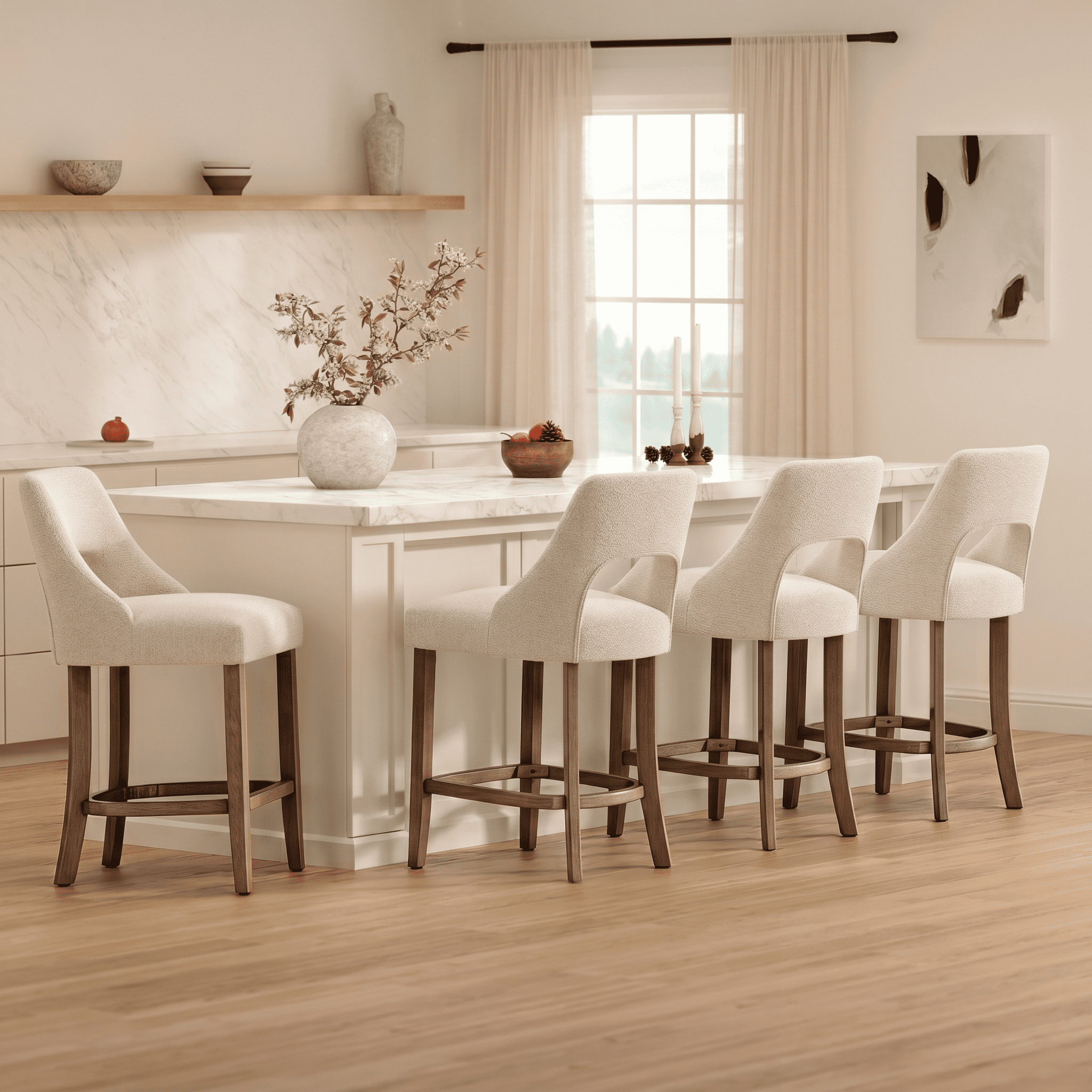 PORKISS 26" Bar Stools Set of 2, Upholstered Kitchen Island Stools with Hollow Back, Mid-Century Counter Stools with Wood Legs Footrest, Beige