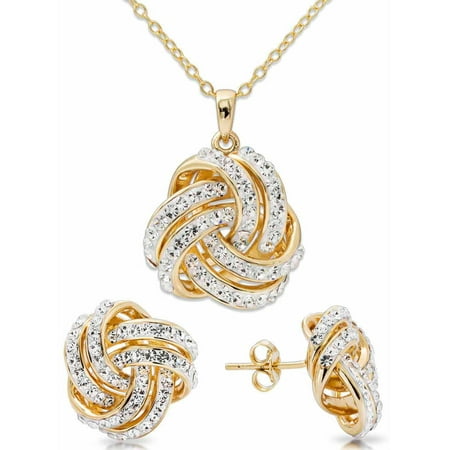 Sterling Silver 18kt Gold Flash Crystal Love Knot Pendant and Earring Set