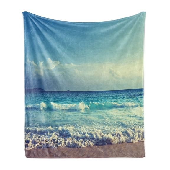 Tropical Island Soft Flannel Fleece Throw Blanket, Ocean Waves on Seychelles Beach at the Sunset Time Skyline, Cozy Plush for Indoor and Outdoor Use, 50" x 70", Turquoise Sky Blue Umber, by Ambesonne