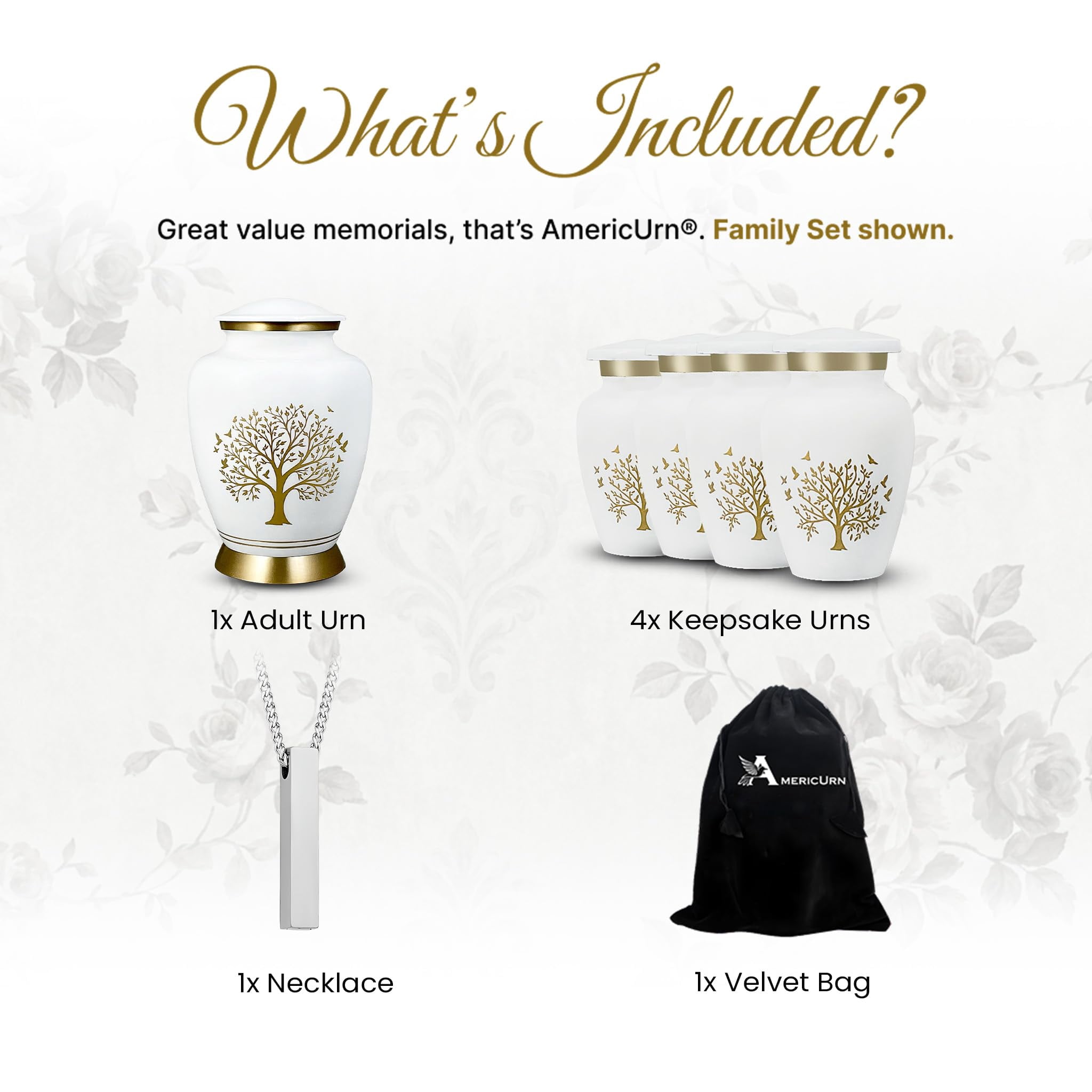 AmericUrn White Tree of Life Cremation Urns for Human Ashes – Adult Female and Male Memorial Set of 6 with 1 Large Urn, 4 Keepsake Urns & 1 NecklaceUrn