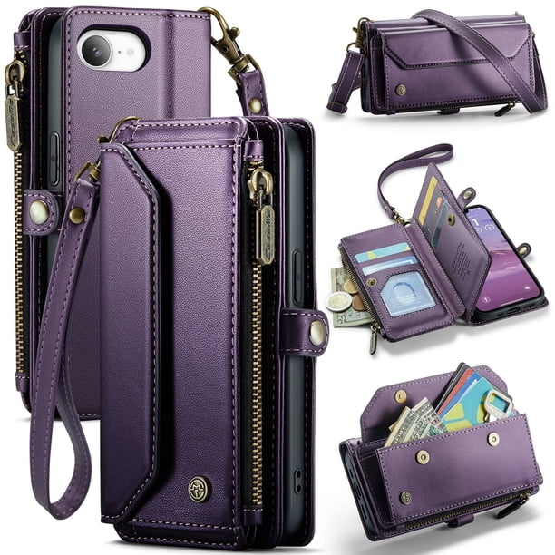 Funda tipo cartera para iPhone 16e con bloqueo RFID, tarjetero, cremallera y ranura para billetes, correa de hombro magnética de piel sintética suave para mujer