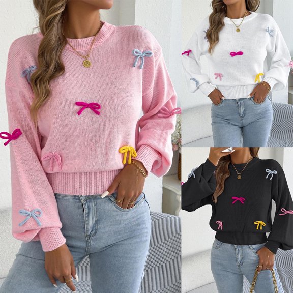 Ribbed Knit Pullover Winter Clothes Women's Fashion Fall And Winter Contrast Bow Waist Sleeve Loose Sweater Pullover Tops White S