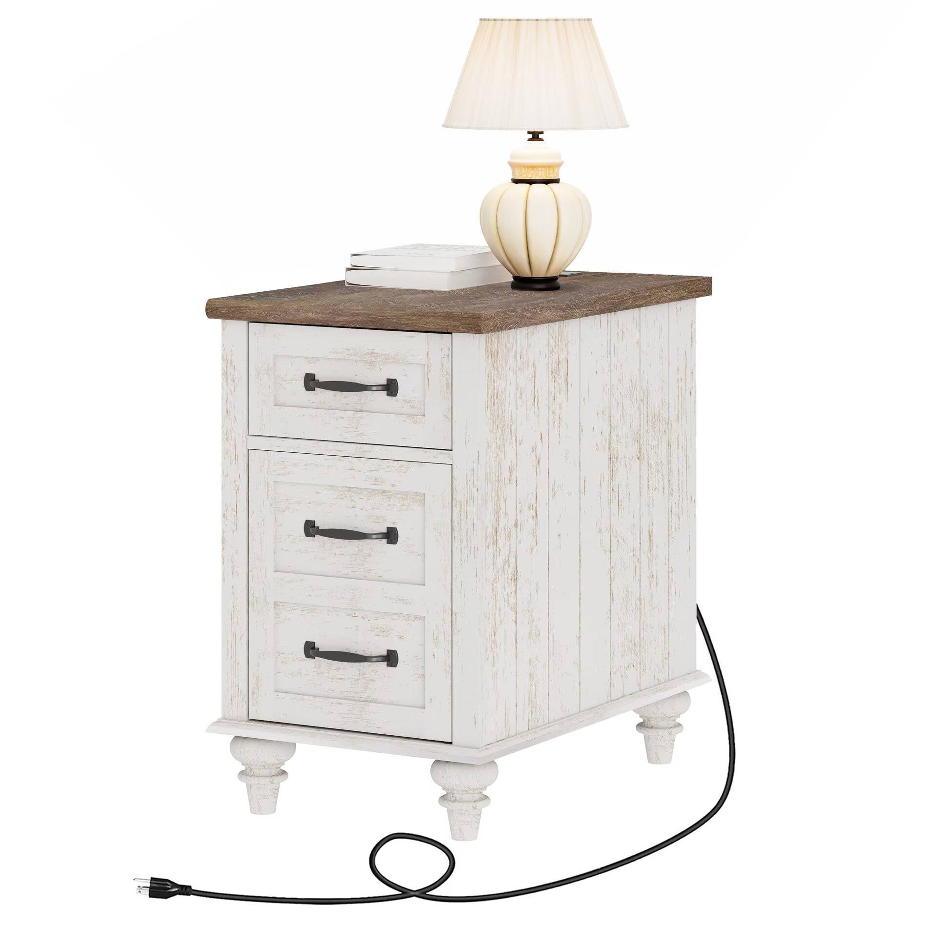 Antique White End Table with Drawer & Cabinet, Wooden Side Table Nightstand with Charging Station for Living Room & Bedroom