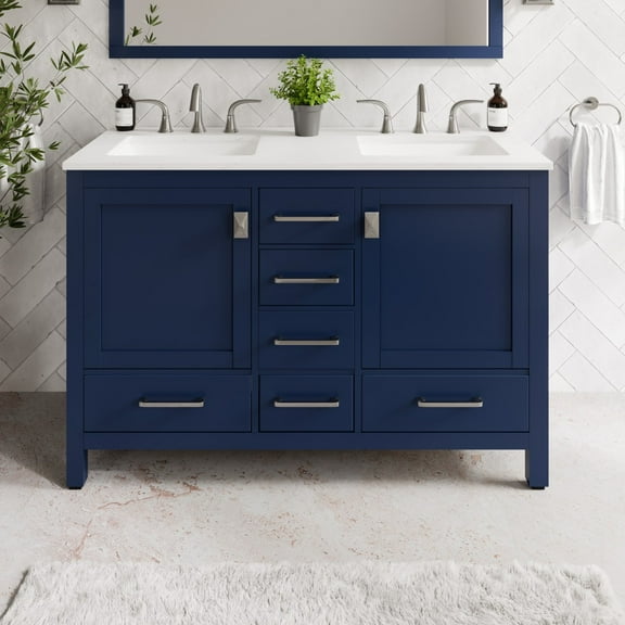 Eviva Aberdeen 48 in. Blue Double Sink Bath Vanity with Carrara Quartz Top and Undermount Porcelain Sinks