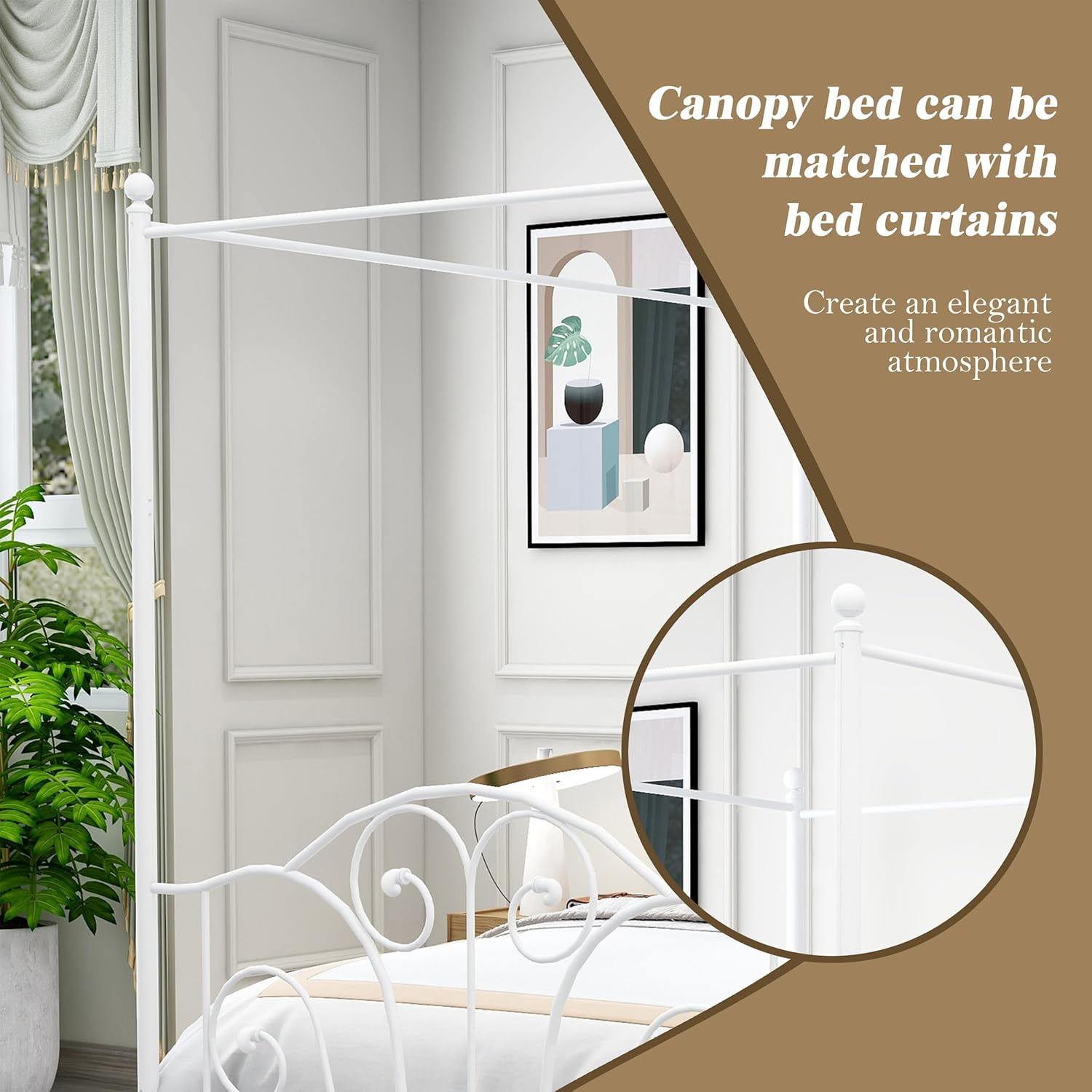 AUFANK Vintage Four Post Metal Canopy Bed Frame, Full Size, White