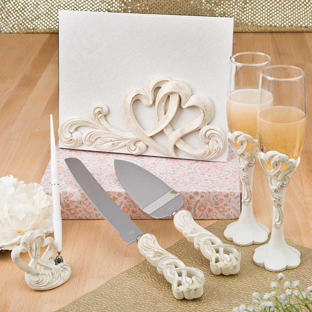 Cake set and Pen set Heart design Wedding Set Guest book Toasting flutes 