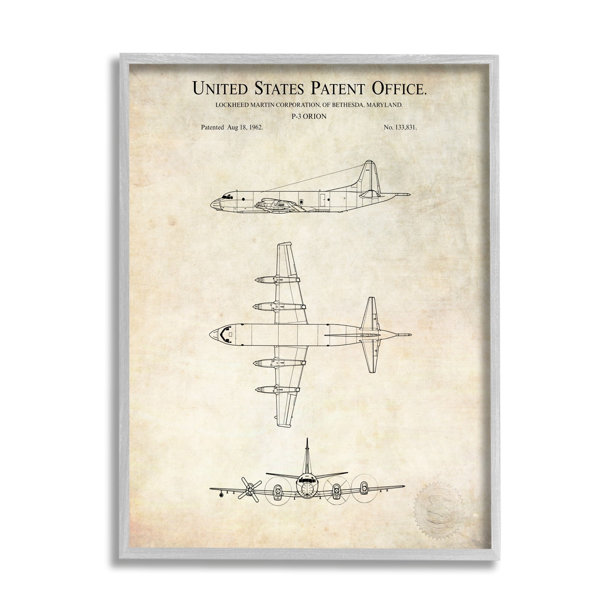 Stupell Industries Vintage Airplane Aircraft Diagram Patent Blueprint Diagram Framed Wall Art, 24 x 30, Design by Karl Hronek
