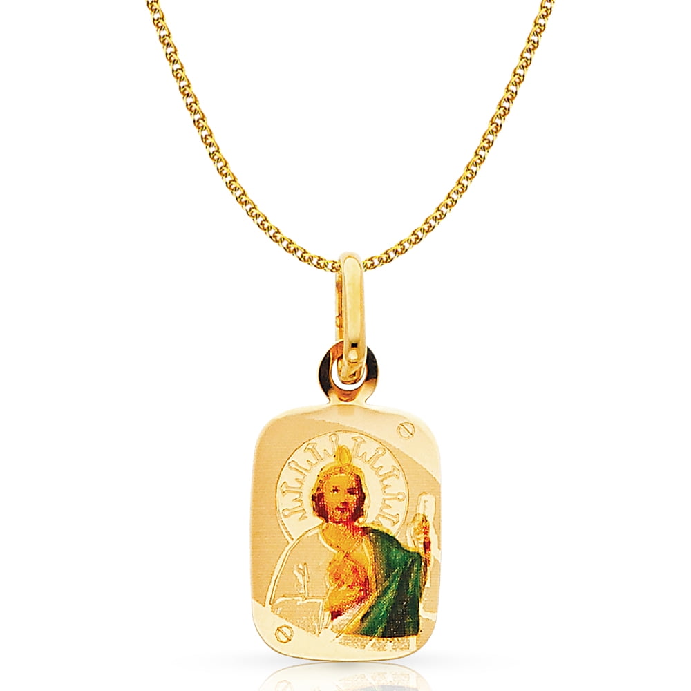 14K Yellow Gold St Jude Enamel Picture Charm Pendant with 1.2mm Flat Open Wheat Chain Necklace
