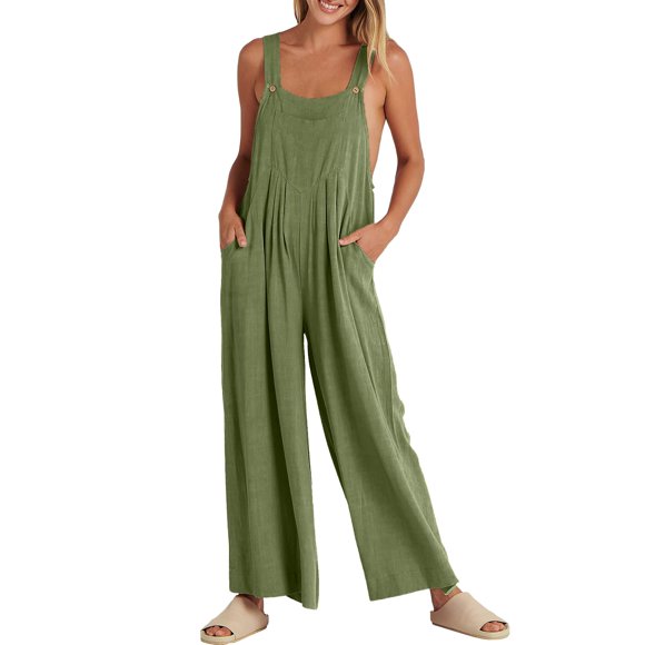 Womens Overalls Casual Loose Sleeveless Adjustable Straps Wide Leg Jumpsuit With Pockets