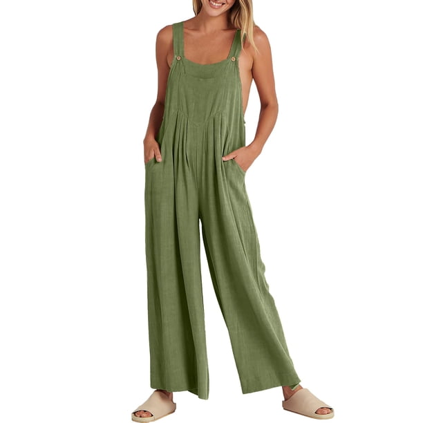 Mono con tirantes ajustables para mujer: mono sin mangas de pierna ancha con bolsillos, corte holgado informal, tallas reales: S-XXL