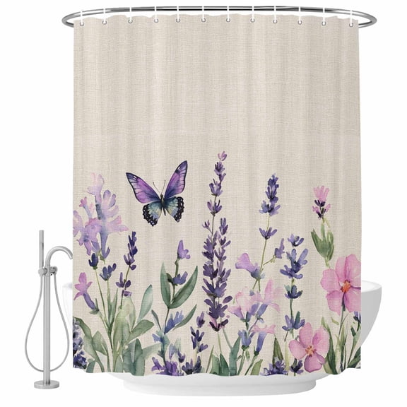 Xipuska Lavender Butterflies Shower Curtain - Water Repellent Fabric Shower Curtains Washable, Pastoral Florals Spring Vintage Decorative Polyester Cloth Bathroom Curtains Modern Bath Decor 72"x72"