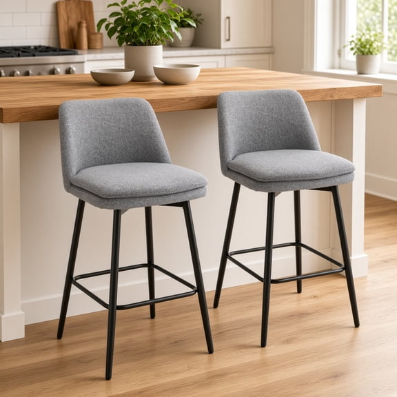 Counter Height Swivel Bar Stools Set of 2, 360° Upholstered Barstools with Back & Metal Legs, 25.6" Seat Height, Kitchen Island Pub Stools,Light Grey Linen