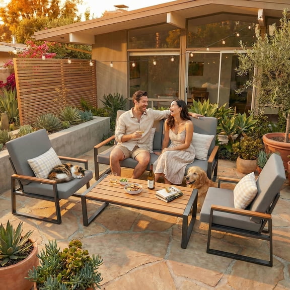 Lofka 4-Piece Outdoor Patio Furniture Set, Metal Conversation Set with Coffee Table & Removable Cushions, Weather Resistant for Yard Poolside, Gray