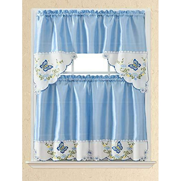 3pc Rod Pocket Embroidered Kitchen, Blue And Green Kitchen Curtains