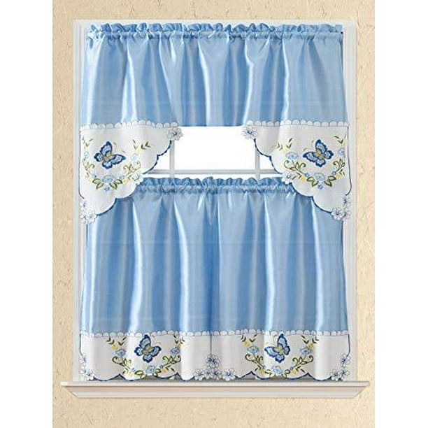 3pc Rod Pocket Embroidered Kitchen Curtains And Valances Set Swag Tier 36 Inch Length Fl Fruit Designs Many Colors Bt340 Blue Com 3pc Rod Pocket Embroidered Kitchen, Blue And Green Kitchen Curtains