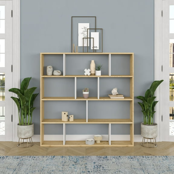 Ada Home Decor Hobdi 4 Tier Open Shelf Cube Modern Bookcase, Oak/White