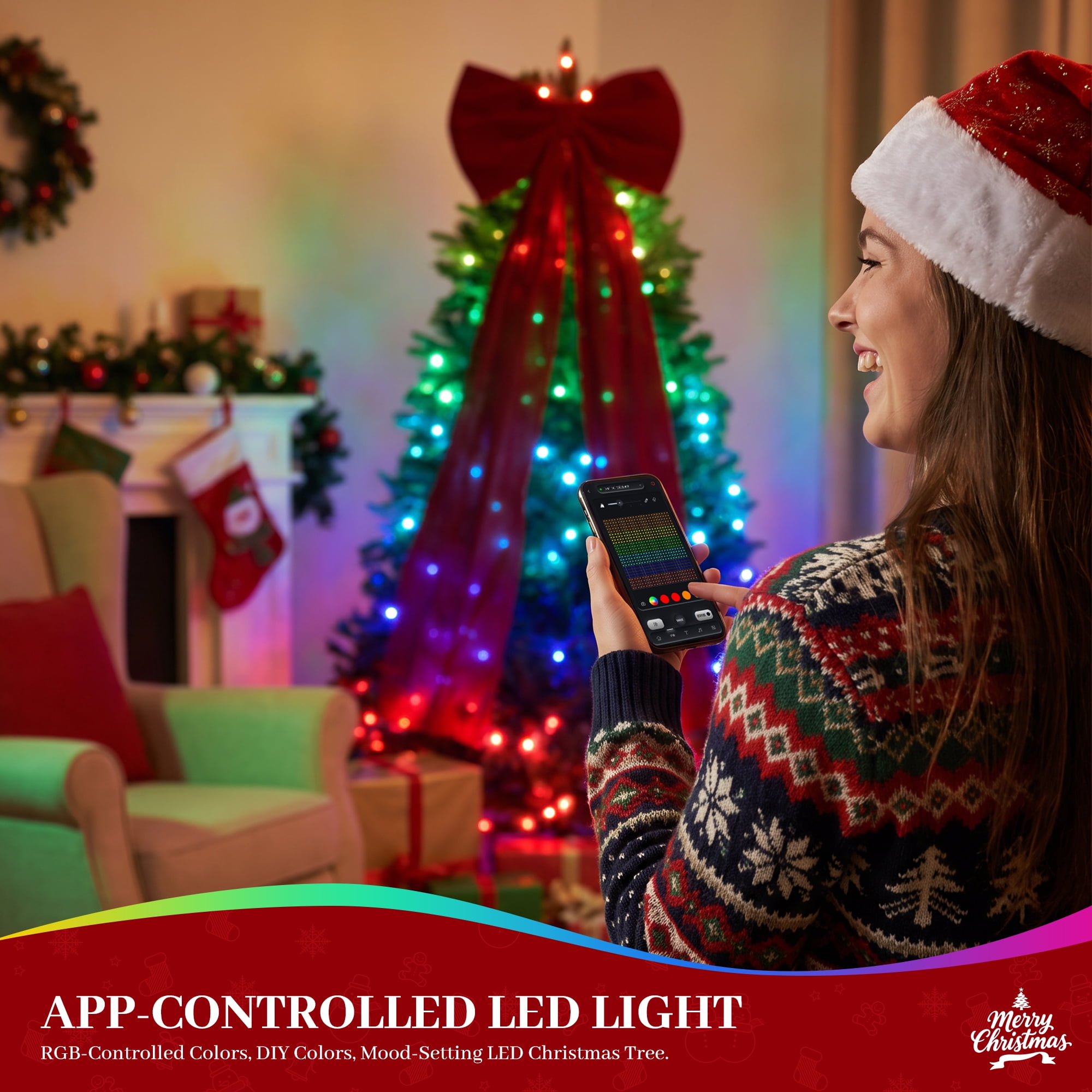 6 ft Prelit Christmas Tree with 700 LED Lights, App Control, Multi-Color RGBW Lights, Green
