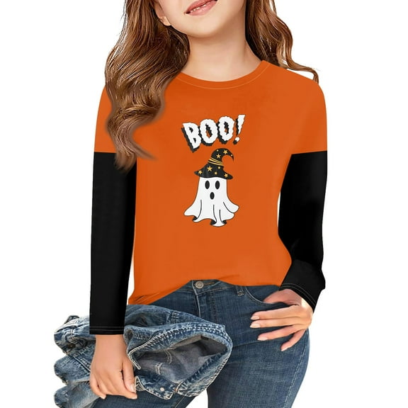 Abcomgle Halloween Shirts for Girls Size 10-12 Spooky Ghost Boo Graphic T-Shirts for Kid Girls Crewneck Long Sleeve Shirts for Kids Girls Fall Funny Holiday Tee Top Girls,3-4 Years
