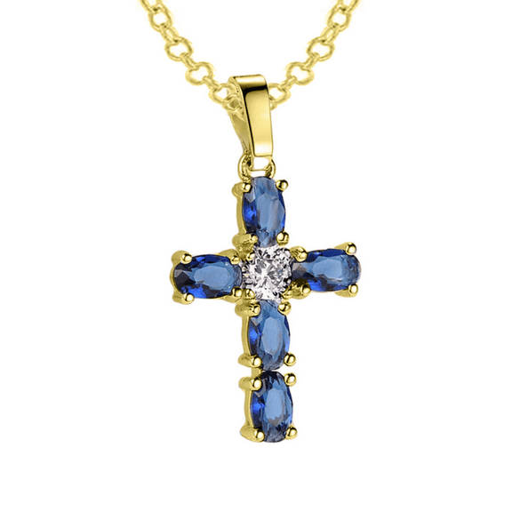 Blue Sapphire and Diamond Cross Pendant Necklace with 18"inch Chain in 14K Yellow Gold Vermeil on 925 Sterling Silver Holy Cross Pendant Necklace September Birthstone Cross Jewelry
