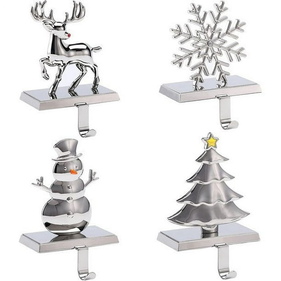 BIRDROCK HOME Christmas Stocking Holders for Mantel Set of 4 - Reindeer, Snowman, Snowflake, Tree