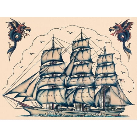 Tattoo Art Print Three Masted Ship & Sea Dragons, Vintage Tattoo Flash by Norman Collins, aka, Sailor Jerry Print Wall Art By Piddix ()