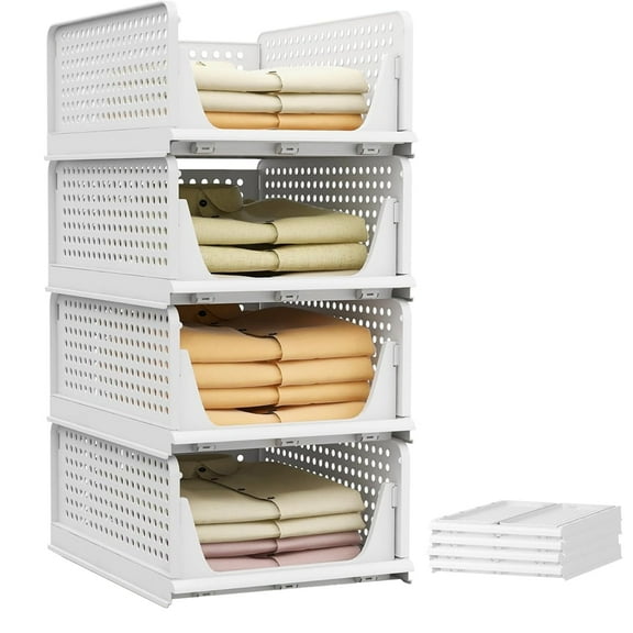 4 Pack Stackable Closet Storage Basket - Stackable Storage Bins, Multifunctional & Foldable Closet Organizer, Wardrobe Cupboard Space-Saving Clothes Storage Hat Organizer, White