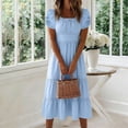 thumbnail image 5 of PRINxy Women's Square Neck Puff Short Sleeve Tiered Midi Dress High Waist A Line Casual Dress for Summer Daily Wear Vacation Light Blue M, 5 of 6