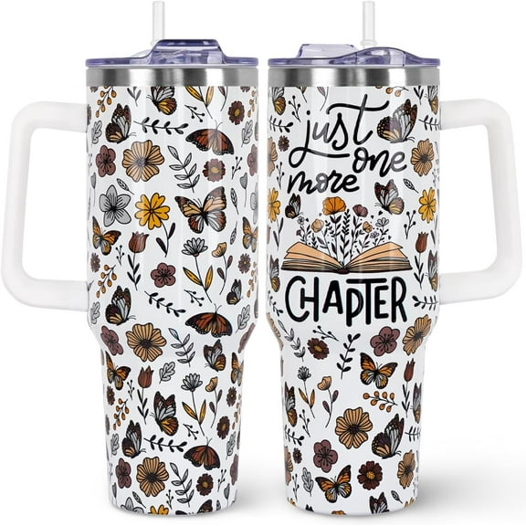Book Lovers Gifts 40oz Tumbler with Handle and Straw Lid | Vacuum Insulated Leak Proof Tumbler bookish gifts for Women Readers Librarian |Book Accessories Stainless Steel Travel Mug |Floral Butterfly