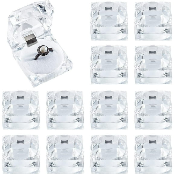 12 pc Crystal Ring Gift Boxes 12pcs Square Earrings Jewellery Storage Box Acrylic Ring Box Holder Display Organizer Case with Foam for Proposal Engagement Wedding Insert White