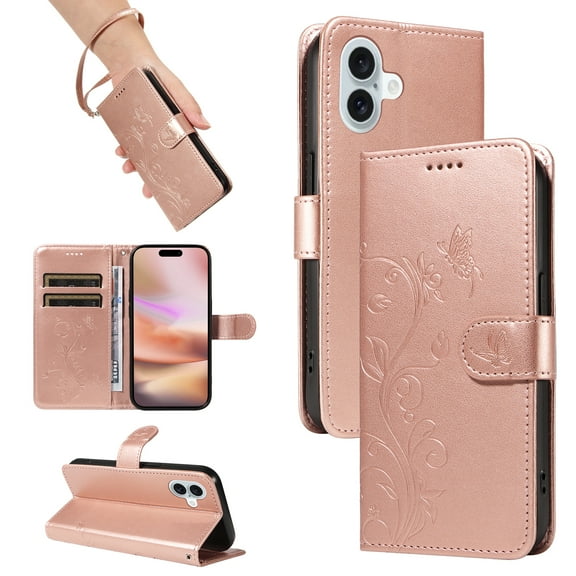 for iPhone 16 Wallet Case, [with Card Holder] Embossed Pattern PU Leather Detachable Wrist Strap Slim Shockproof Protective Flip Stand Phone Case for iPhone 16 Women Girls, Rosegold