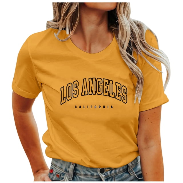 TSADFHJI Hauts Scintillants pour Femmes Noël T-Shirt Col Rond Imprimé Lettre Manches Courtes Col Rond S Jaune