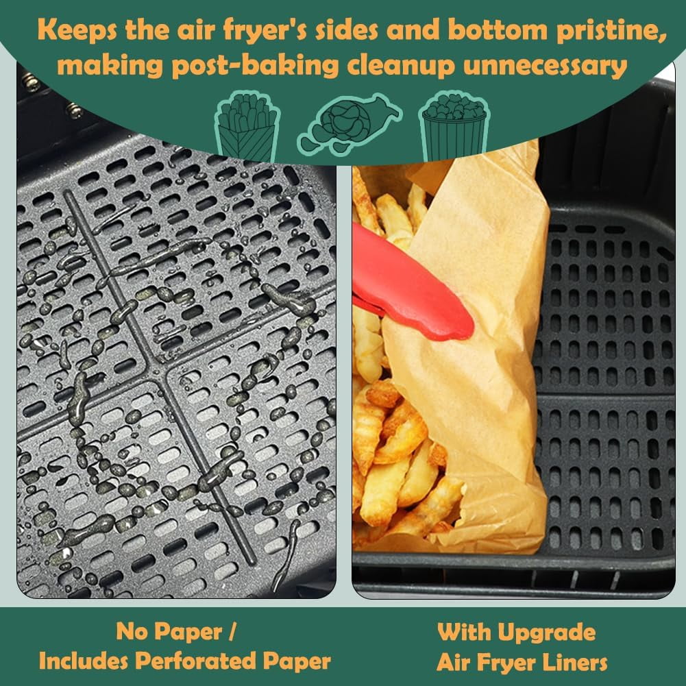 Large Air Fryer Liners, Set of 100, 10 Inch Square Air Fryer Liners, XL Airfryer Disposable Paper Liner, Compatible with Corsori, Ninja, Gourmia Airfryer and More