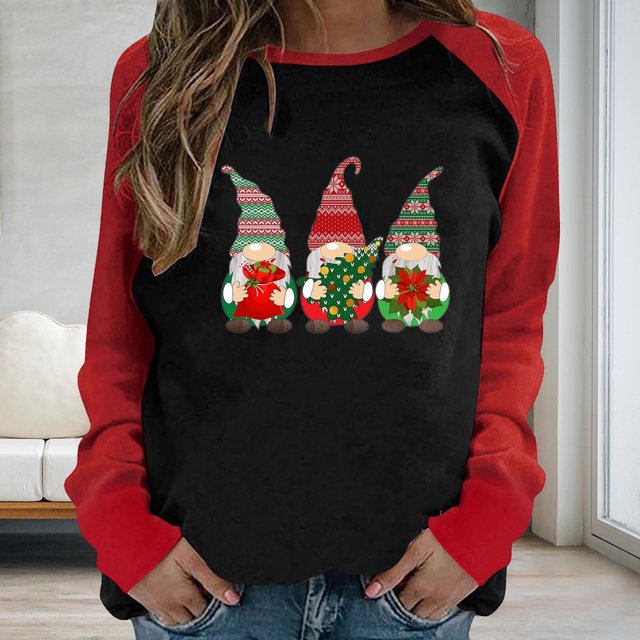 Qiopertar Blouse de Noël pour Femmes à Col Rond Imprimé Manches Longues Blouse Régulière en Solde Livraison Gratuite à Moins de 5$ jusqu'à 90 % de Réduction