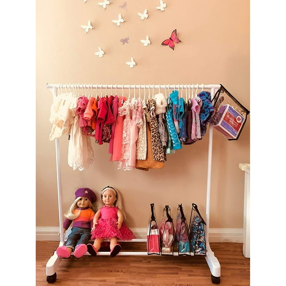 Boottique - Garment Rack- - Closet Organizer- with Childrens Velvet Hangers (White Rack wth American Girl 18" Doll Storage System)