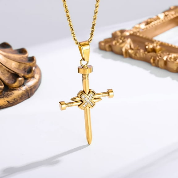 New Zircon Inlay Nail Cross Pendant Necklaces For Women Trendy Punk Style Female 14K Yellow Gold Neck Chain Jewelry