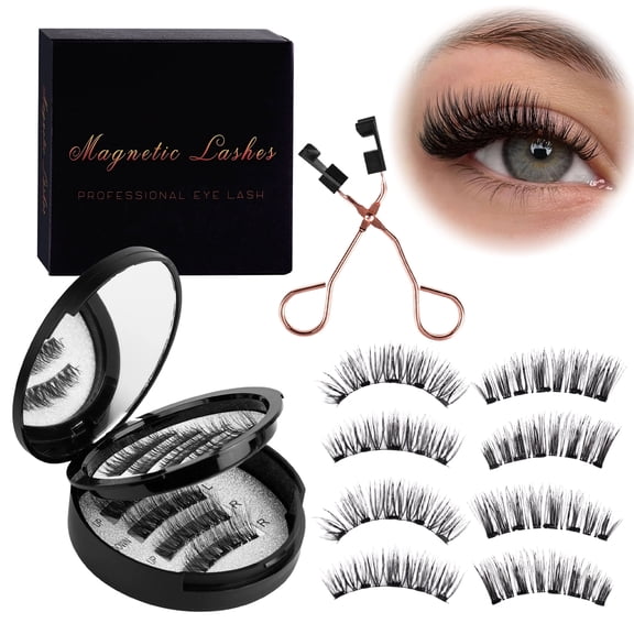 4 Pairs Magnetic Eyelashes with Applicator and Mirror, Reusable Double-Sided False Lashes, No Glue Needed, Natural Style Lash Set