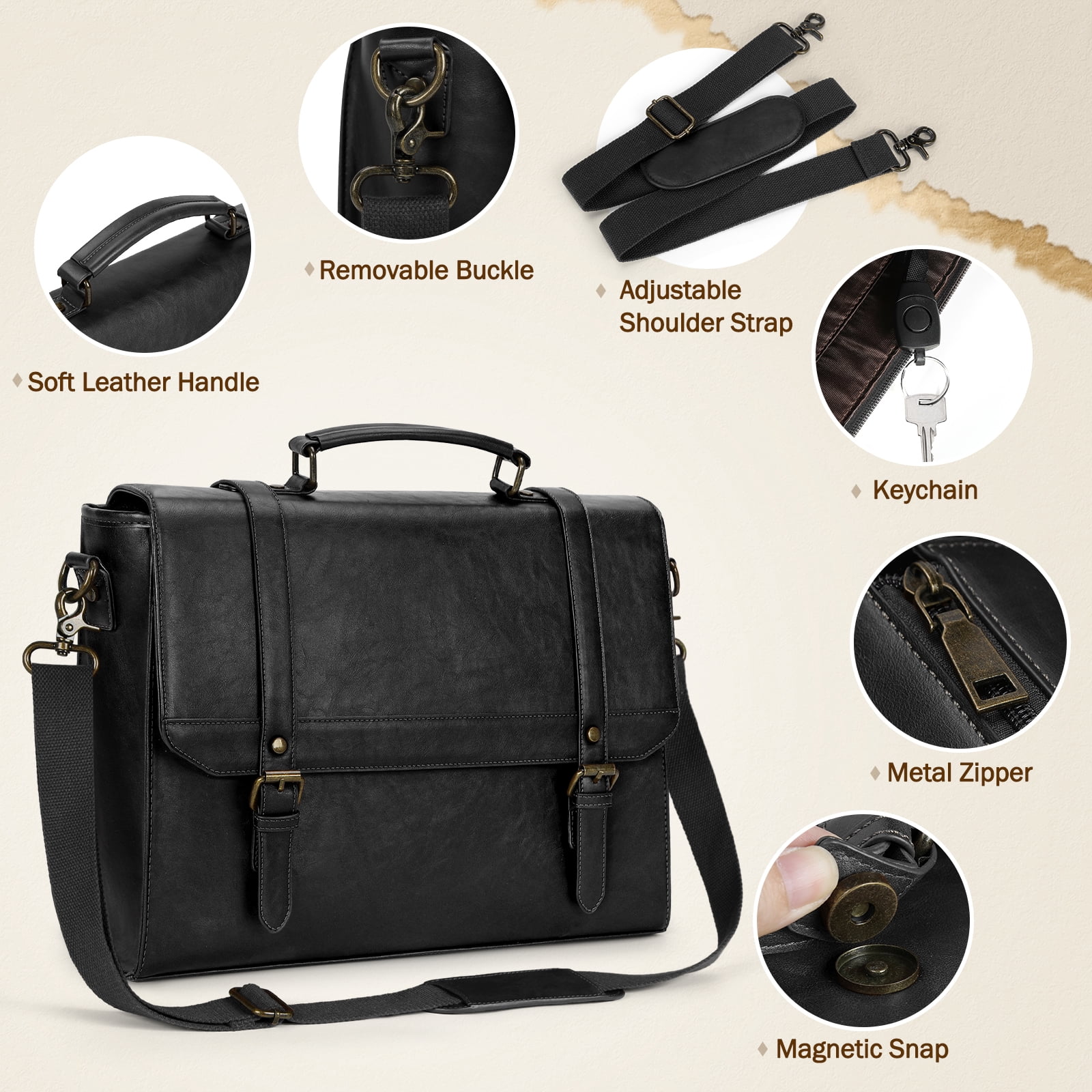 RAINSMORE Messenger Bag for Men 15.6 inch Vintage Leather Waterproof Laptop Briefcase Computer Laptop Bag Large Satchel Bag Retro Shoulder Bag for Office Business College,Black