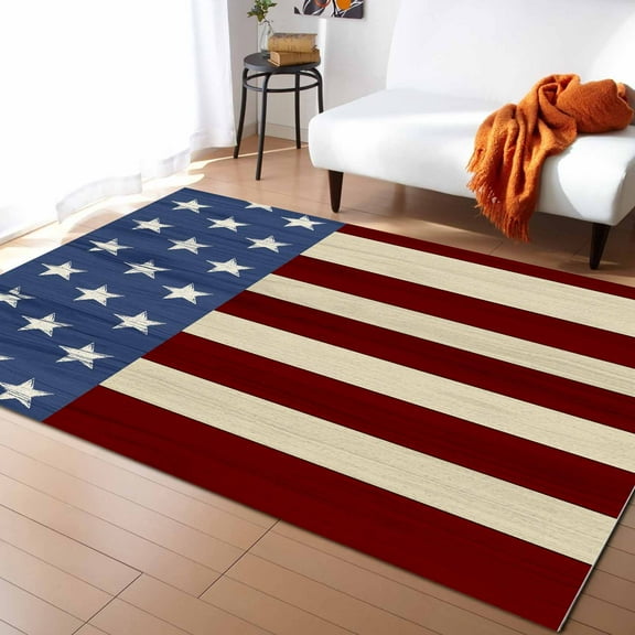 Area Rugs Indoor Non-Slip Rectangle Rug 5x7 Ft Independence Day Star and Stripes Red Blue USA Flag Rug Rubber Backing Floor Mats Non Shedding Home Decor Carpet for Entryway Living Room