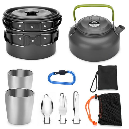 Odoland 10pcs Camping Cookware Mess Kit, Lightweight Pot Pan Kettle with 2 Cups, Fork Knife Spoon Kit for Backpacking, Outdoor Camping Hiking and