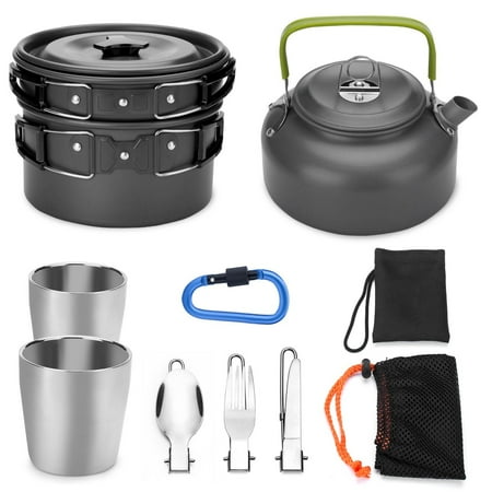 Outdoor Kitchen Kit Odoland 10pcs Camping Cookware Mess Kit, Lightweight Pot Pan Kettle with 2 Cups, Fork Knife Spoon Kit for Backpacking, Outdoor Camping Hiking and Picnic ()