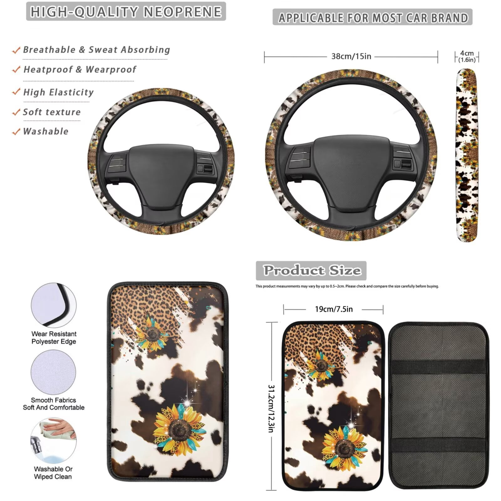 Garronmavis Aztec Sunflower 13 PCS Car Seat Cover Full Set Car Front Rear Seat Covers Steering Wheel Cover,Key Chain,Chapstick,Car Coasters,Seat Belt Pads