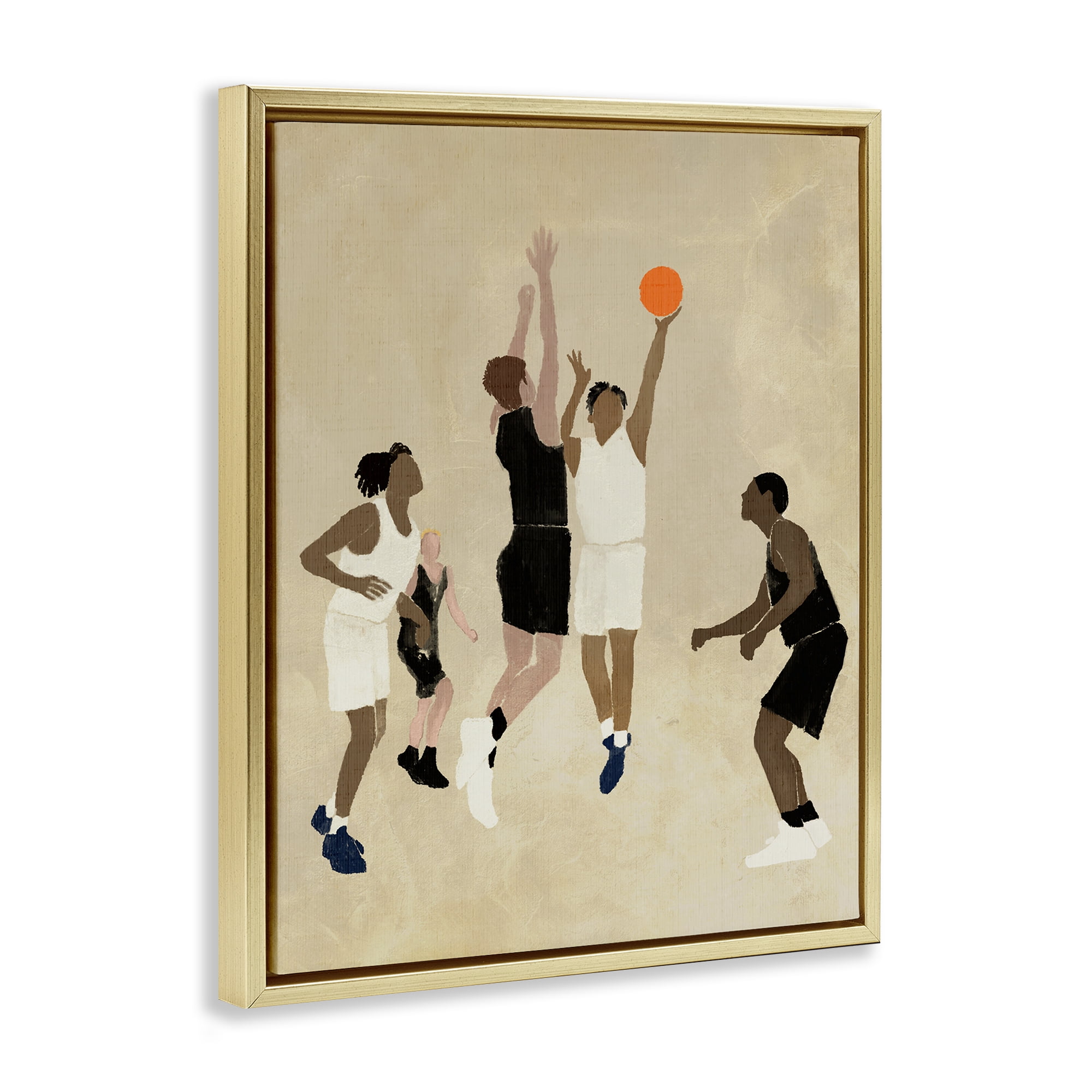 Stupell Industries Players with Basketball Sports Painting Gold Floater Framed Canvas Art Print Wall Art, 17 x 21
