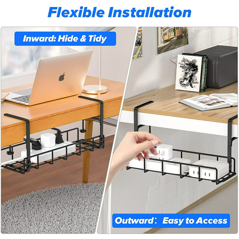 Under Desk Cable Management Tray, 15.7'' Cable Management Under Desk No Drill Steel Desk Cable Organizers, Desk Cable Tray with Wire Organizer and