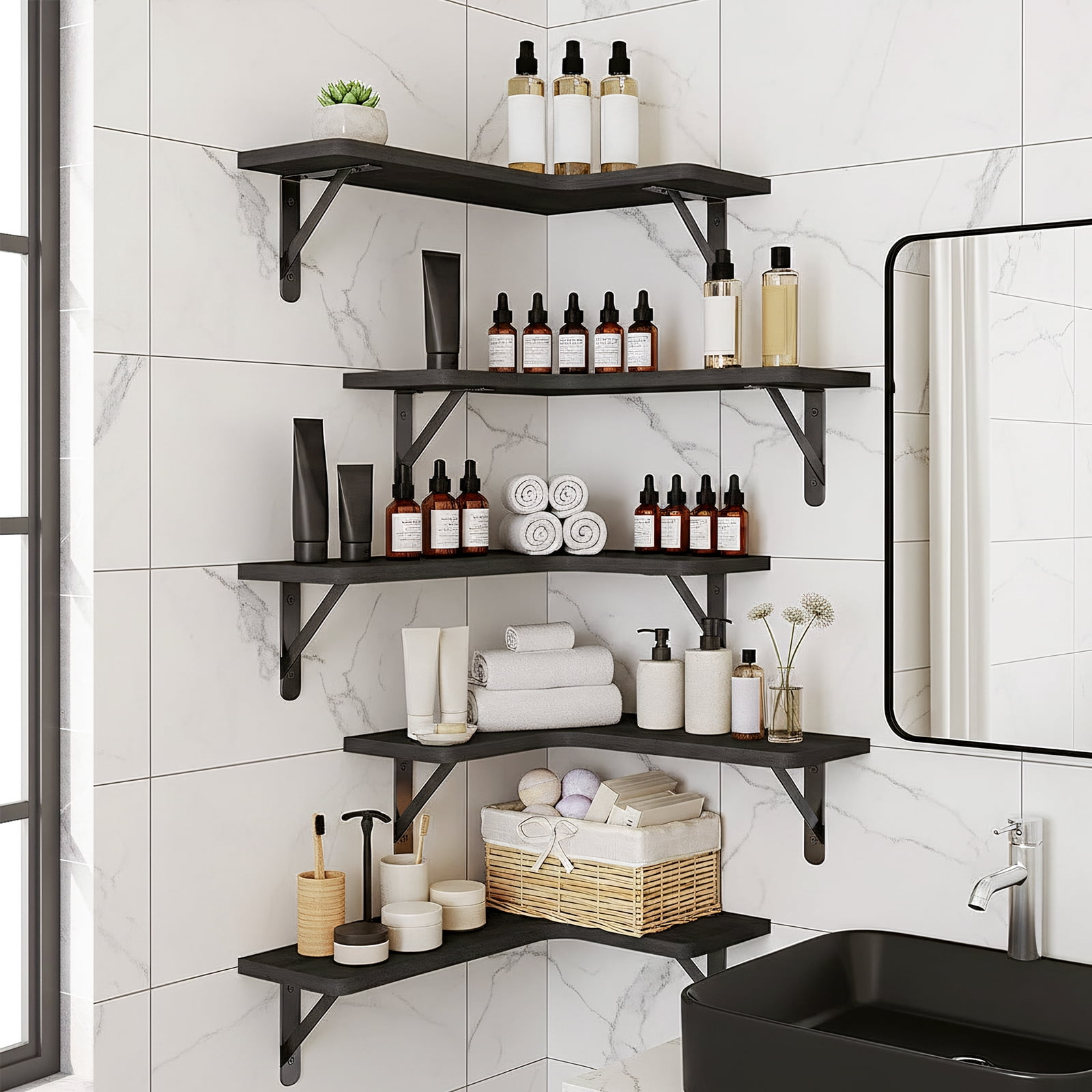 Fairy 5pcs Corner Floating Shelves for Wall, Rustic Wood Wall Shelves, 16.1x11.4 inches, Black