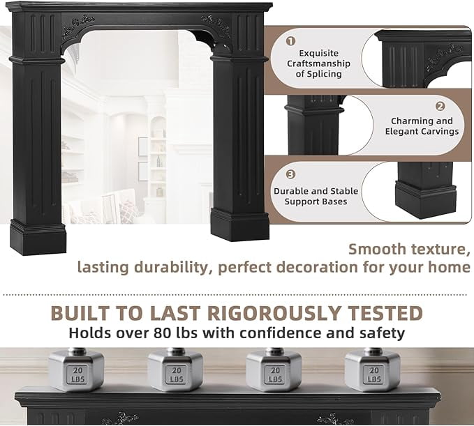 EPICOZY 43.3" Fireplace Mantel, Freestanding Fireplace Surround with Leg for Electric Fireplaces, MDF Mantel Surround with Shelf for Living Room with Decorative Pattern, Anti-Tipping & Waterproof